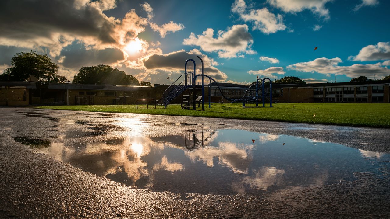 A stunning photograph capturing the aftermath of a summer rain in an empty schoolyard. The sun peeks through the clou ds, casting a golden glow on the wet surfaces and the vibrant green grass. A single, large puddle reflects the blue sky and the school buildings in the distance. The playground equipment is drenched, and a few flying leaves can be seen in the air, adding to the serene atmosphere.